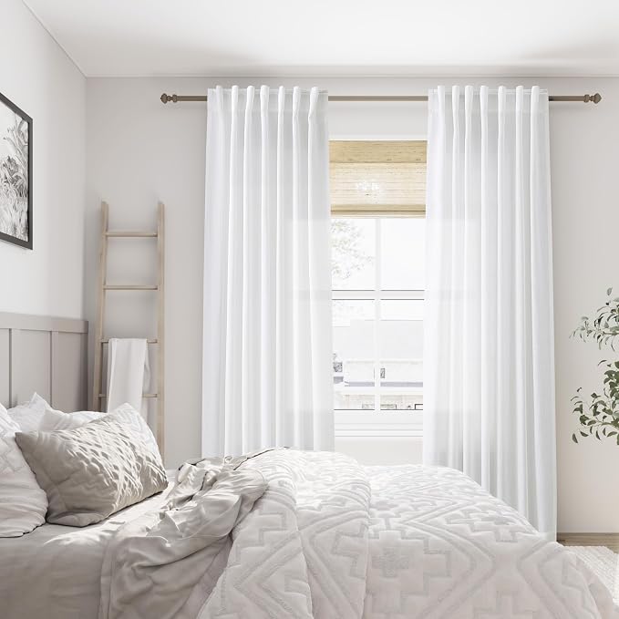 White Linen Textured Long Curtains for Living Room 144 Inch Length 2 Panel Set Back Tab Rod Pocket French Country Semi Sheer Curtains Sliding Door Ceiling Window Decor Light Filtering Drapes 52x144