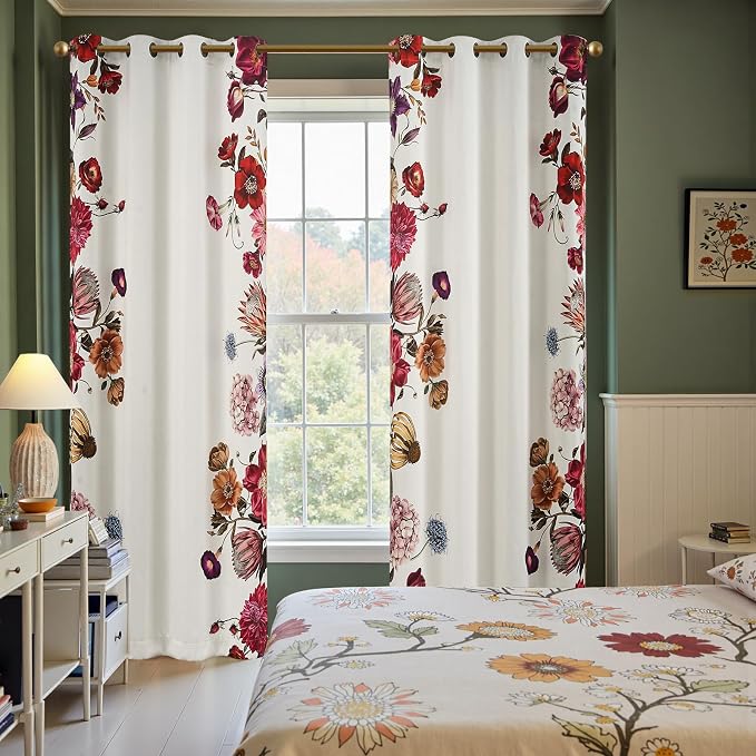 jinchan Hannah Floral Blackout Curtains with Retro Vintage Beige Boho Flower Print Drapes for Bedroom Living Room Fall Decor Window Curtains Room Darkening 96 Inches Length 2 Panels Set with Grommet