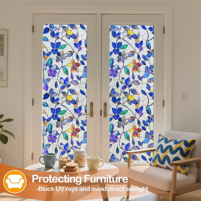 Countewol Colorful Leaf Static Cling Window Film Frosted Stained Glass Privacy Anti-Glare UV Protection for Home & Bathroom(Textured Stained Leaf, 35.4 x 157.4 in)