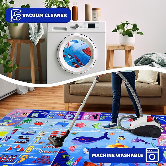 Extra-Large 6'7"×10' Ocean World Learning Rug with ABC, Sea Animals, Numbers & Shapes for & Preschoolers, Washable Non-Slip Activity Carpet for Playroom, Nursery, Classroom