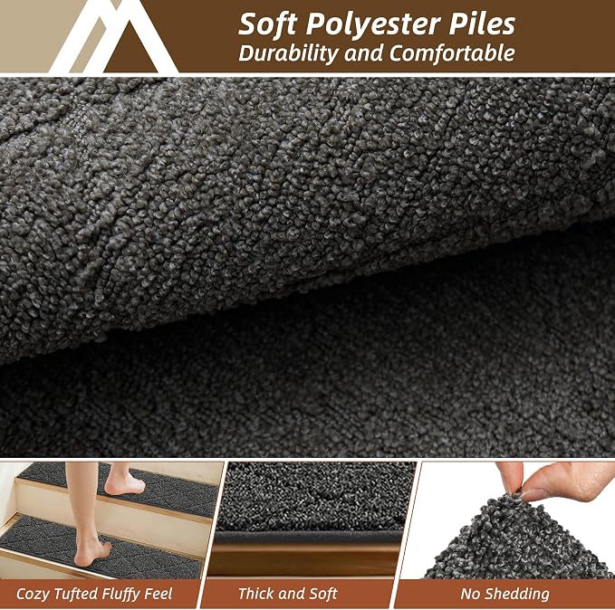 COSY HOMEER Edging Stair Treads Non-Slip Corner Indoor Stair Runners for Wooden Steps,Landing Slip Resistant Stair Rugs for Kids and Dogs, 100% Polyester TPE Backing,Black,20"X32"