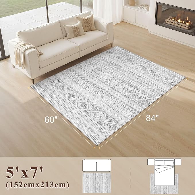 cotiled 5x7 Area Rugs Living Room Rug: Washable Boho Rugs with Non Slip Backing Large Soft Indoor Stain Resistant Carpet for Bedroom Farmhouse Dining Room Lightweight Home Decor Light Grey