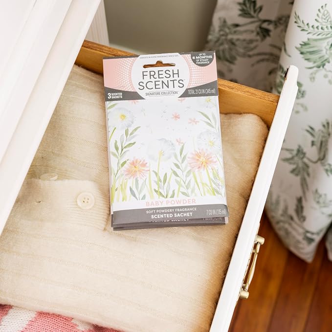Fresh Scents Scented Sachets | Baby Powder | Home Fragrance | Long Lasting (Up to 6 Months) | Air Freshener for Closets, Drawers, & Cars | 6 Pack