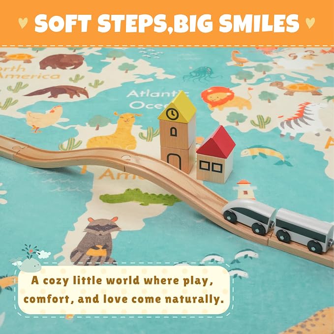 Washable 4x6 Kids Rug for Playroom – Educational Large Area Rug for Children, Toddlers, Non Slip Backing & Soft - Cute Animal, Featuring Continents World Map Carpet for Bedroom or Reading Corner