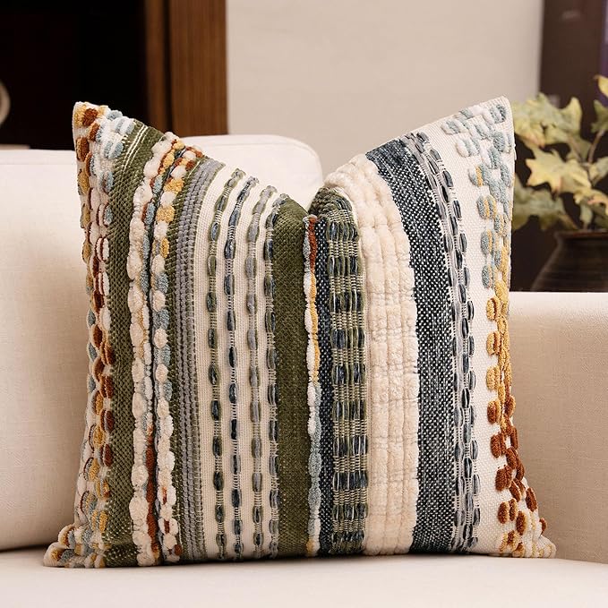 Boho Chenille Tufted Throw Pillow Covers 18x18 Inch Set of 2 Farmhouse Mixed Green Woven Striped Decorative Pillowcases for Couch Sofa Bed
