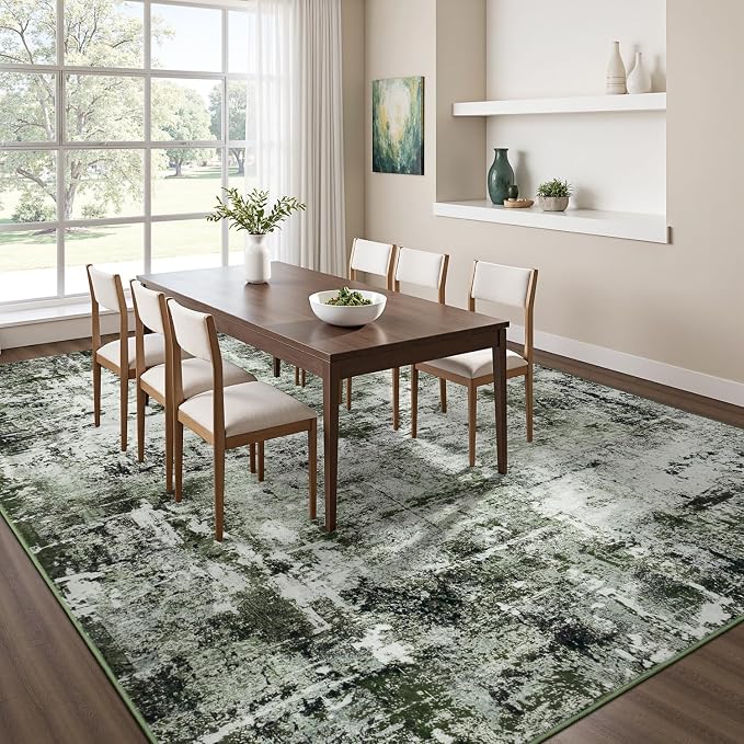 Rugflix 8x10 Area Rugs for Living Room, Washable Large Rug Stain-Resistant Low Pile, Modern Dark Carpet for Dining Room Home Office Kid Room Nursery Bedroom, Dark Green