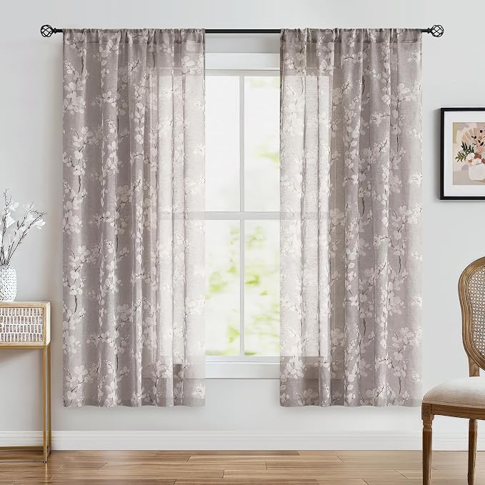 Fmfunctex Linen Sheer Curtains for Bedroom, Tan White Blossom Print Curtains 63 Inch Length for Living Room, Taupe Floral Patterned Farmhouse Curtain Light Filtering Window Drapes 2 Panels, Rod Pocket