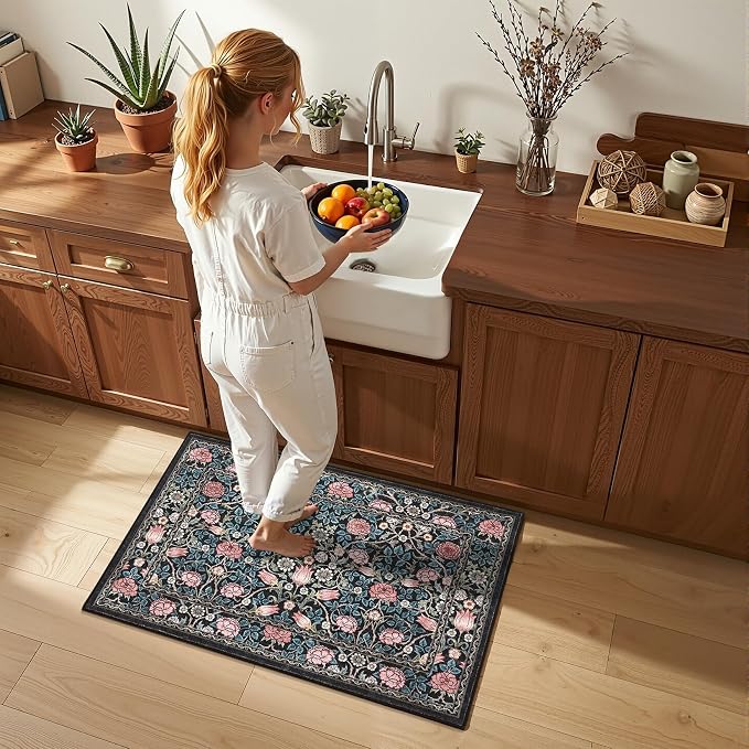 GarveeHome Indigo Blue and Pink Vintage Floral Small Rug 2x3 Door Mat Indoor Rugs for Entryway Washable Non-Slip TPE Backing Soft Low-Pile Rugs for Bathroom Bedroom Kitchen