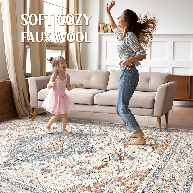 10x13 Area Rug Living Room: Washable Boho Large Neutral Vintage Soft Rugs Stain Resistant Distressed Farmhouse Non-Slip Indoor Floor Carpet for Bedroom Nursery Kids Office Dining Room- Beige Blue