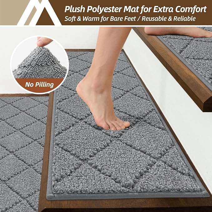 COSY HOMEER Stair Treads for Wooden Steps 9"x28" Washable Indoor Carpet Stair Treads Non Slip Soft Polyester Stair Carpet Tread Reusable Stair Runner Rugs for Kids, Elders,Pets,Medium Grey,4pcs