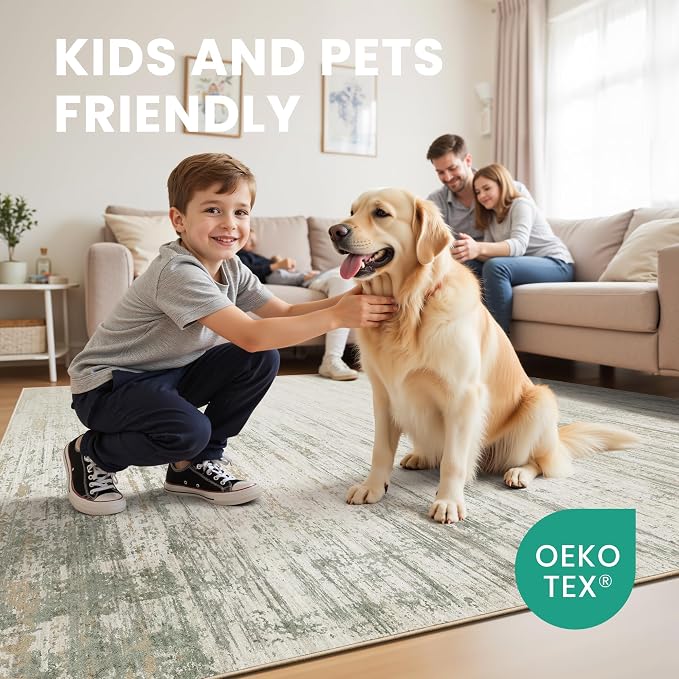 zesthome 8x10 Area Rugs for Living Room, Washable Rug Modern Abstract Large Rugs Soft Non Slip Neutral Rug Folable Indoor Carpet for Bedroom Nursery(Green Brown,8'x10')