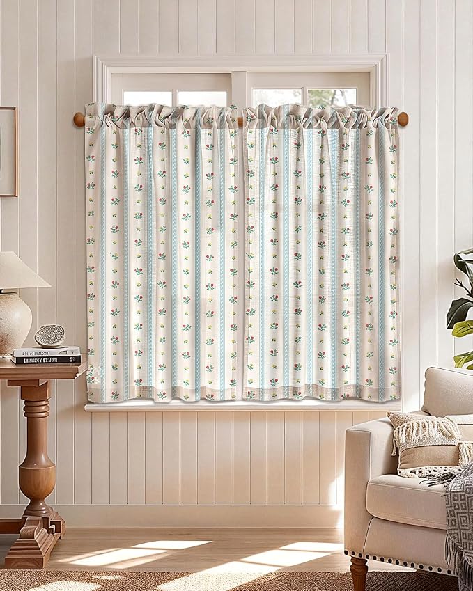 Miss Adola Farmhouse Kitchen Tier Curtains - 45 Inch Length Linen Blend Boho Cafe Curtains Blue Floral Small Window Treatments Over Sink Rod Pocket for Bathroom Living Room Light Filtering, 4 Panels