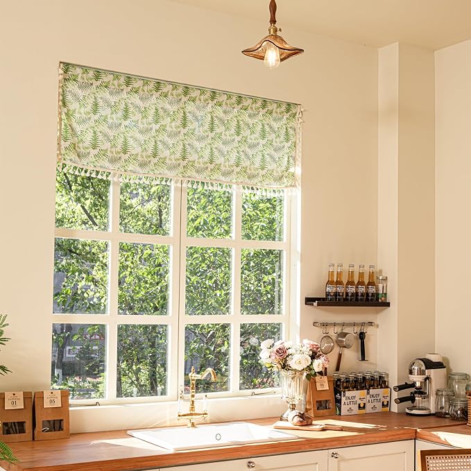 Deeprove Sage Green Boho Valance Window Curtain 18 Inch with Tassels Over Sink Fern Leaf Print KitchenSheer Short for Cafe Closet Farmhouse Chic Vintage Country Style Drape Decor 1 Panel 52W x 18L
