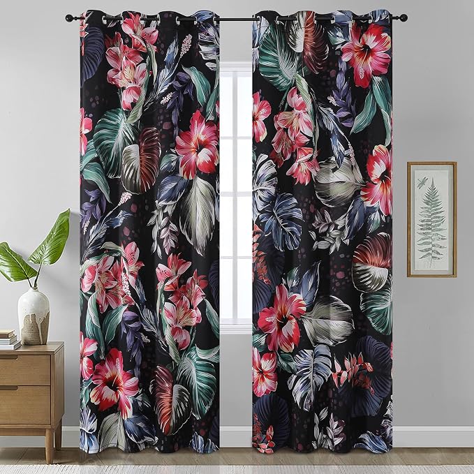 Estelar Textiler Boho Floral Blackout Curtains for Living Room 108 inch Long 2 Panels,Watercolor Leaf and Flower Print Thermal Insulated Room Darkening Drapes for Bedroooom,52x108 Inch