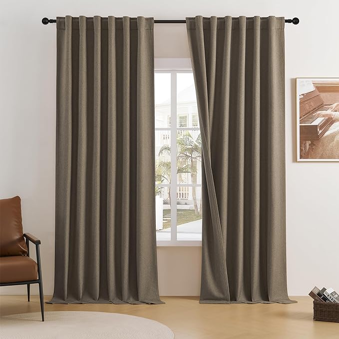 DUALIFE Chocolate Brown Flax Linen Extra Long Curtains 132 Inches Long 11 Ft for High Ceiling Living Room Pleated Back Tab Rod Pocket Hook Belt 2 Story Drapes 52 Wide 2 Panels 50x132 Inch Length