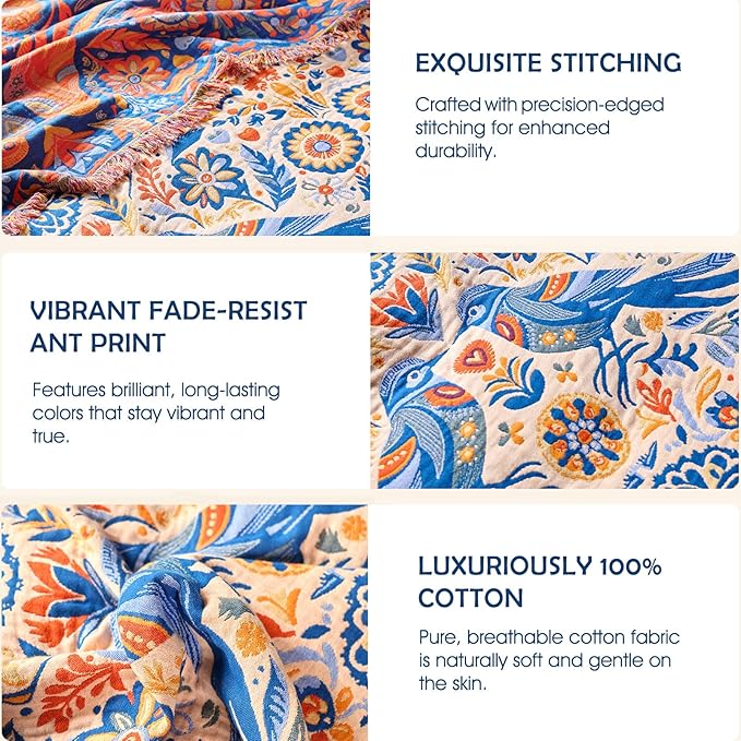 Boho Throw Blanket - 100% Cotton Ultra Soft Muslin Spring Blanket, 50"x60" Lightweight Floral Bird Framhouse Bedding Blanket for Bed, All Season Blue Bohemian Bedroom Home Decor Quilt
