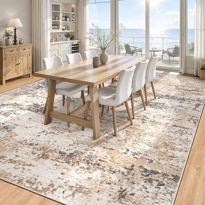 8x10 Area Rugs for Living Room: Washable Abstract Neutral Rug Large Modern Soft Non Slip Low Pile Rugs Floor Indoor Stain Resistant Carpet for Bedroom Dining Room Home Office (Light Brown, 8'x10')