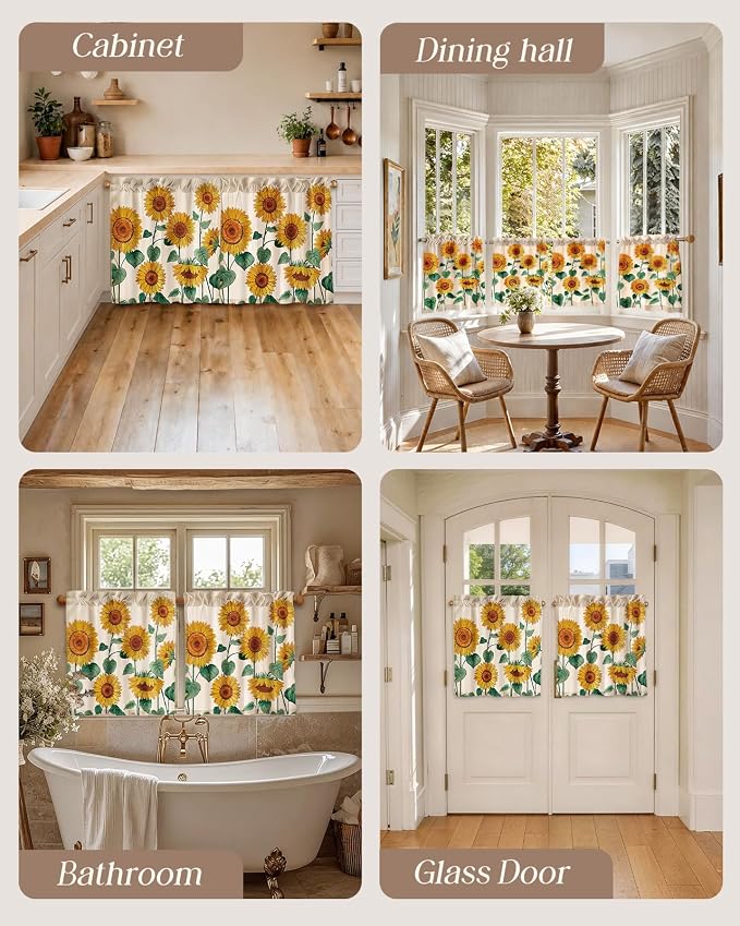 Miss Adola Sunflower Kitchen Tier Curtains - 24 Inch Length Linen Blend Farmhouse Cafe Curtains Floral Small Window Treatments Over Sink Rod Pocket for Bathroom Living Room Light Filtering, 2 Panels