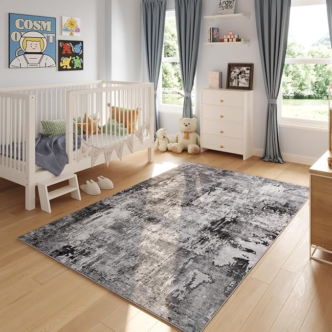 Rugcomf 9x12 Washable Boho Rug - Soft, Non-Slip, Non-Shedding Faux Wool Vintage Rug for Living Room, Dining Room, Kids Playroom, Indoor - Grey and Black