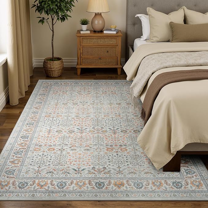 Lofus 5x7 Washable Beige Area Rug for Living Room Bedroom Non-Slip Low Pile | Soft Boho Vintage Area Rugs for Bedroom Dinning Room Home Office Indoor