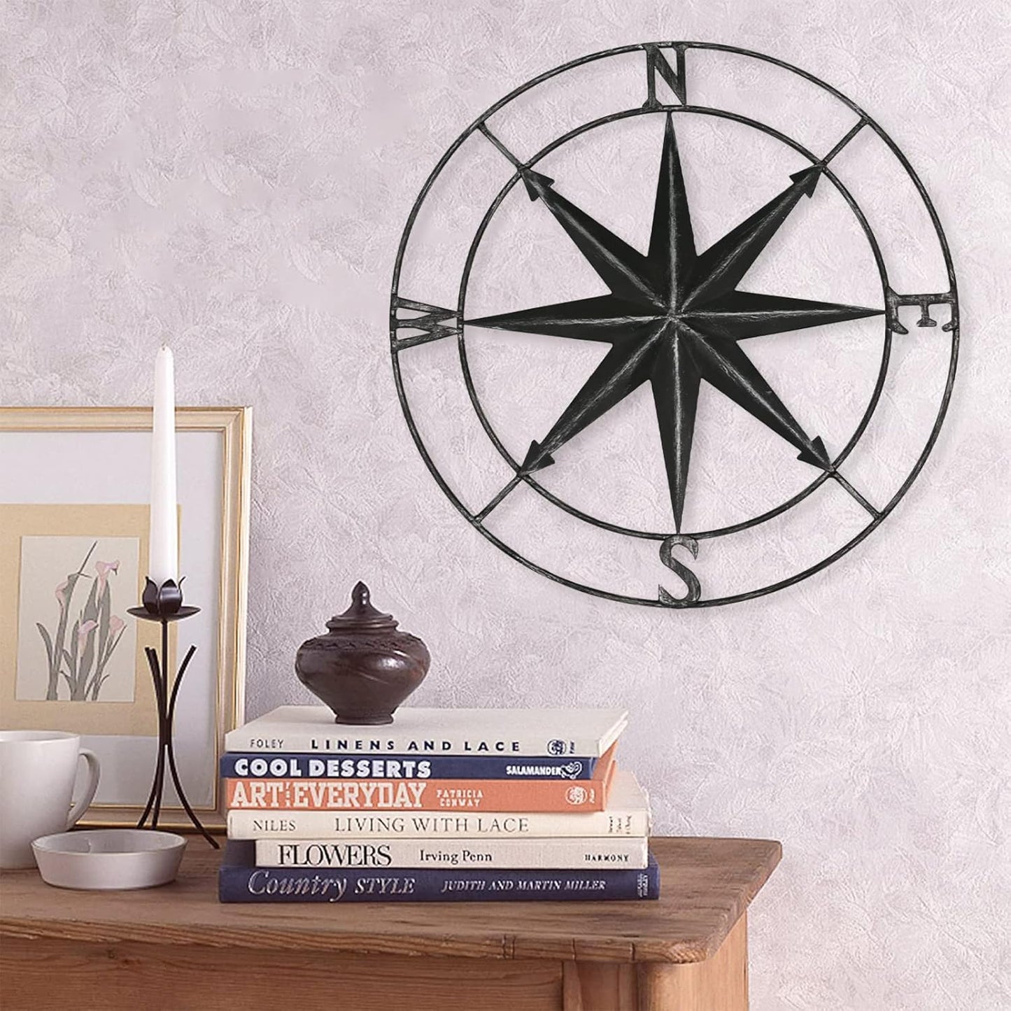 aboxoo Round Metal Compass Decorative Compass Metal Wall Art Hanging Wall Sculpture 11 Inch Black Diameter Farmhouse Decor Indoor or Outdoor Sign