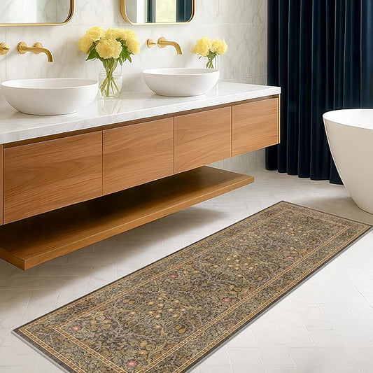 Hazo Haus Non Slip 2x7 Gold Brown Runner Rugs - Washable Long Runner for Bathroom, Kitchen, Hallway, Indoor Floor Mat, Bedroom Bedside - Brown Earthy Vintage Floral Décor