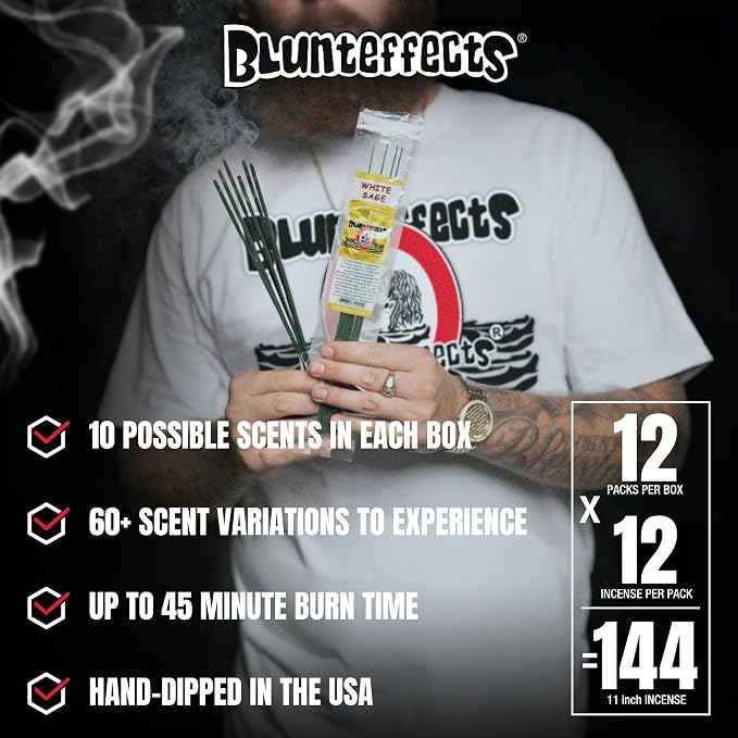 Blunteffects Hand-Dipped Incense Sticks - Premium 288-Pack Variety Set, 12 Different Scents, 11" Long, USA-Made Aromatherapy with Long Burn Time (12 Pack, 144 Total Sticks)