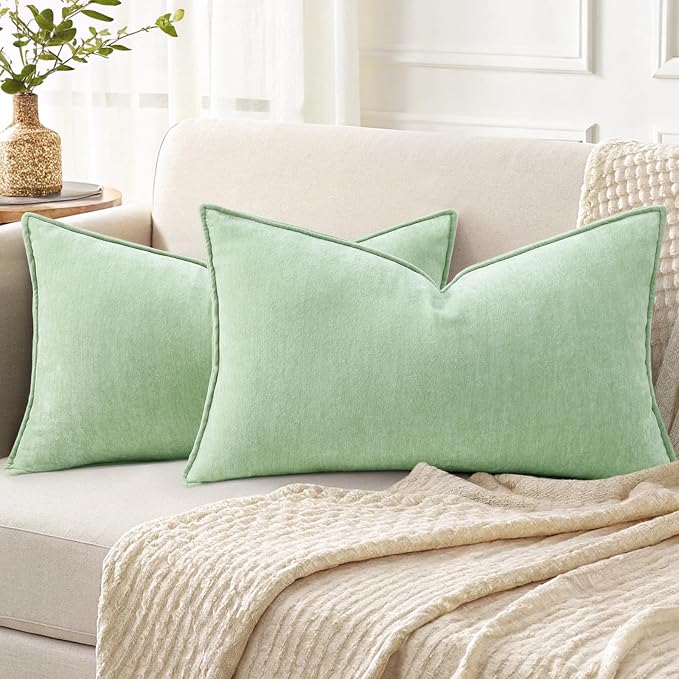 decorUhome Fall Couch Throw Pillow Covers 12x20 Set of 2, Decorative Soft Velvet Modern Cozy Chenille Lumbar Pillow Cases with Elegant Design for Sofa Bed Living Room Home Decor, Sage Green
