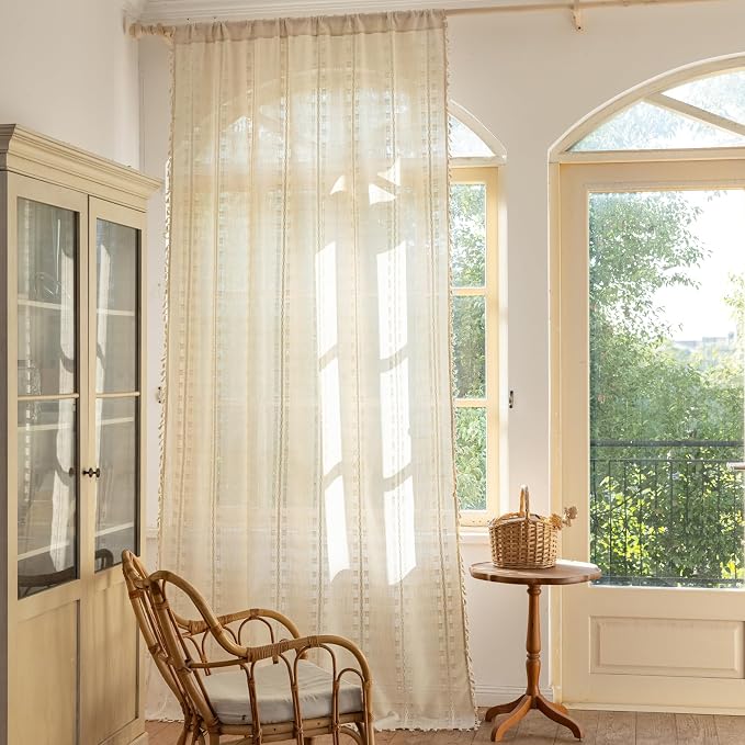 Deeprove Ivory Boho Curtain 84 inches Long for Living Room Bedroom, Vintage Aesthetic Sheer 84 inch Length Beige Cream Stripe Embroidery Privacy Window Tassel Decor W52 x L84, 1 Panel