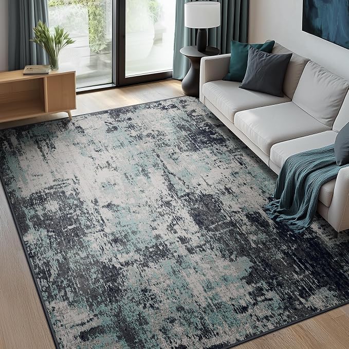 RELEANY Washable Area Rugs 7'x9' Non-Slip Modern Abstract Soft for Living Room Entryway Bedroom Kitchen, Print Pattern, Blue Black Teal