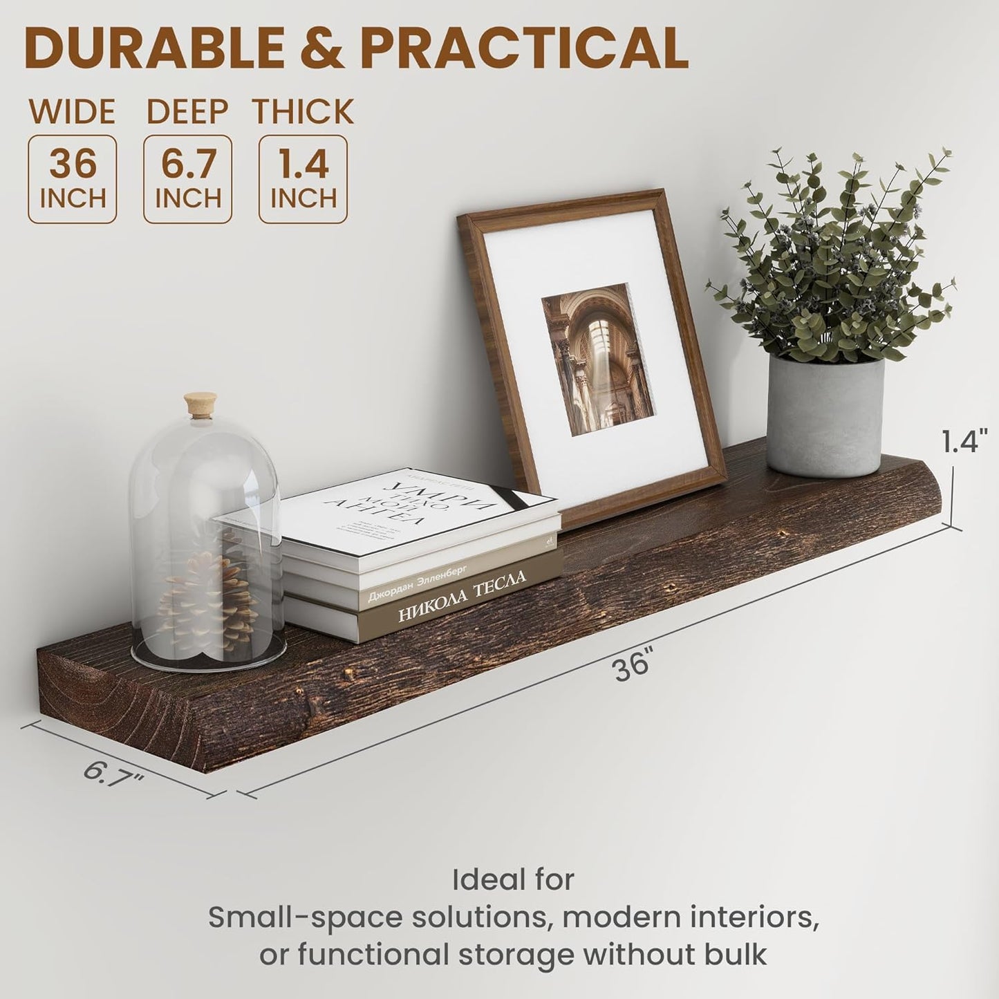 Solid Elm Wood Floating Shelves, 36 Inch Wood Floating Shelves for Wall, Live Edge Wooden Shelves Wall Mounted for Books, Bathroom, Kitchen, Walnut Color, Set of 2