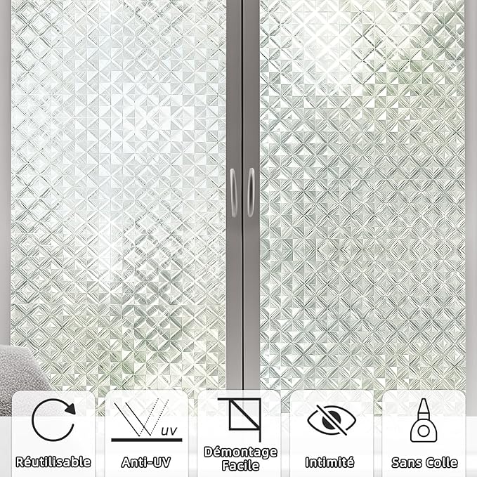 Qualsen Window Privacy Film, Stained Glass Decorative Window Film, Static Cling Frosted Bathroom Privacy Film 3D, Removable Anti-UV for Home Door Coverings, 11.8x78.7inch