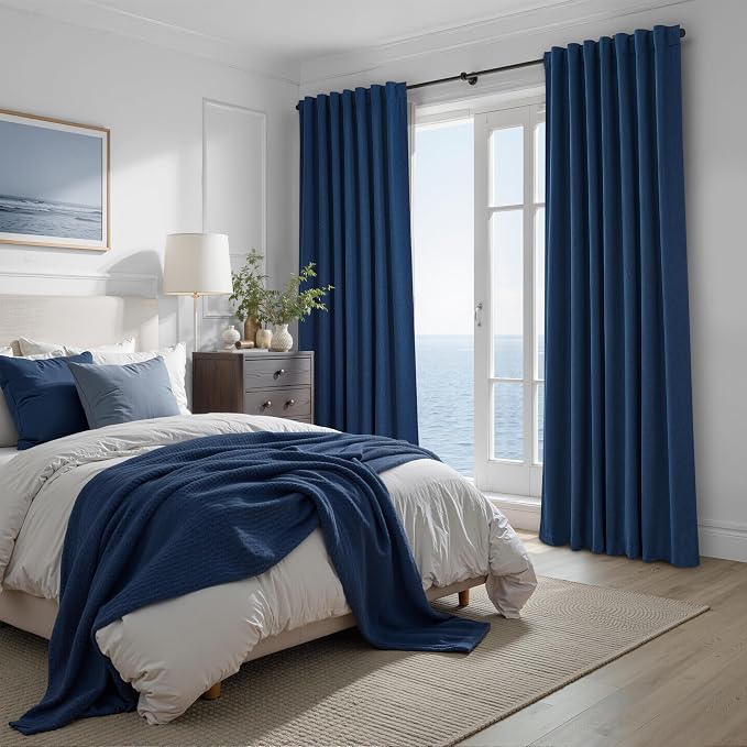 Navy Blue Blackout Curtains 86 Inch Length for Kids/Boys Rooms/Bedroom, Floor to Ceiling Track Pleated Drapes with Hooks Linen Thermal Coastal Curtain Dark Blue Window Burg 50"Wx86"Lx 2Panels Back Tab