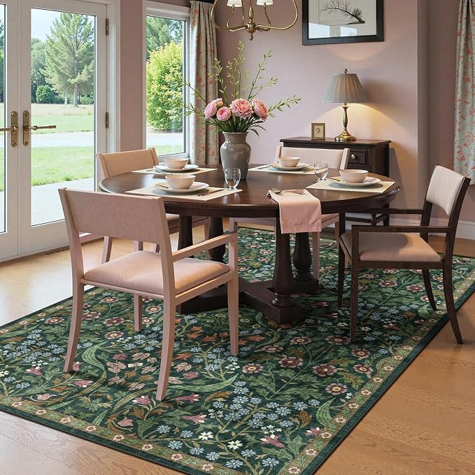 6x9 Washable Area Rug for Living Room, Floral Non-Slip Non-Shedding & Easy Care, Soft Low Pile Botanical Indoor Floor Carpet for Living Room, Bedroom, Farmhouse, Dining Room, Kids Playroom, Green