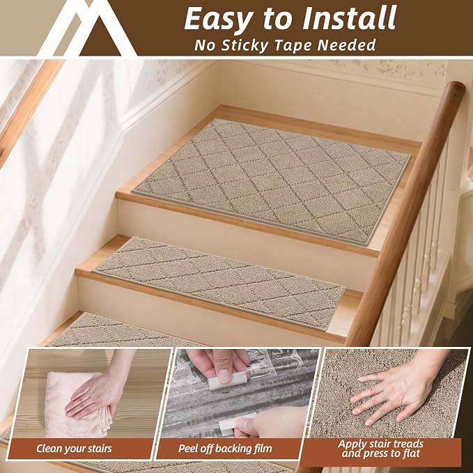 COSY HOMEER Stair Landing Rug Non-Slip 20"x32" Stair Treads for Wooden Steps,Washable Peel and Stick Stair Treads Matching Mats,Pet Friendly Soft Reusable Stair Landing Mat for Kids and Elders,Beige