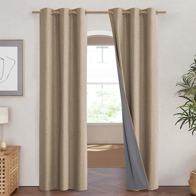 NICETOWN Burlap Vintage Open Linen Weave Flax Thermal Curtains, 100% Blackout Curtains 90" Long for Dining Room, Soundproof Window Treatment Drapes for Hall Room, 42" Wide Per Panel, Set of 2
