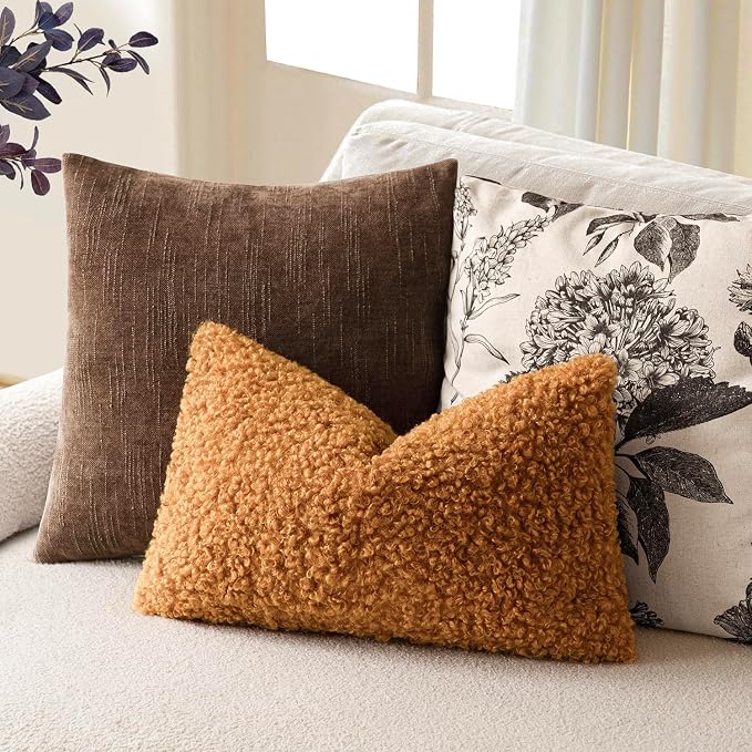 Foindtower Set of 2 Curly Teddy Wool Pillow Covers Decorative Boucle Textured Lumbar Throw Pillow Faux Fur Sherpa Pillowcases Sheepskin Fuzzy Cushion Case for Sofa Bedroom Car 12"x20" Orange