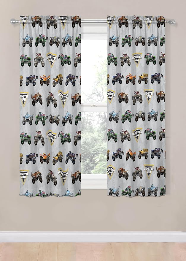 Jay Franco Window Curtains for Kids Bedroom 4-Piece Drape Set with 2 Tiebacks, Grey - Monster Jam, 42" W x 63" L (Pack of 2)