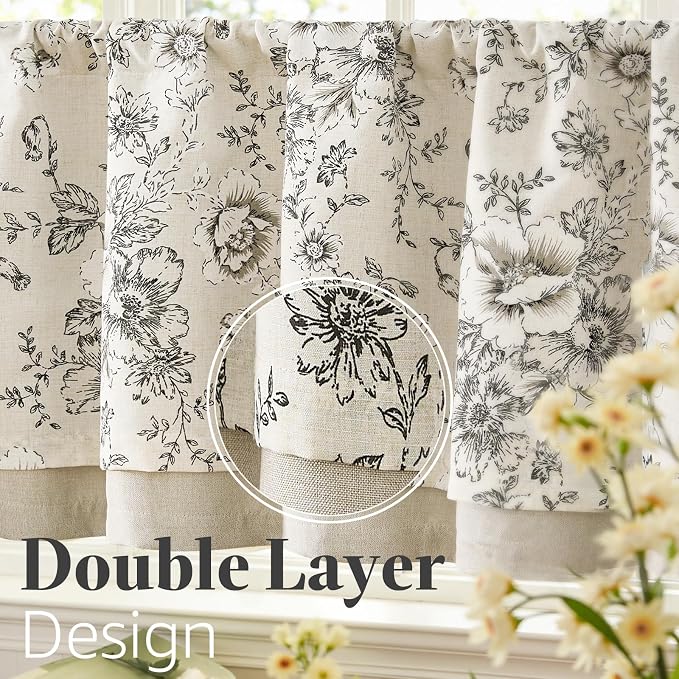 jinchan Linen Kitchen Curtain 24 Inch French Floral Double Layer Curtain Farmhouse Vintage Tier Drape Rustic Half Window Curtain for Living Room Window Treatment Rod Pocket 1 Panel Black on Beige