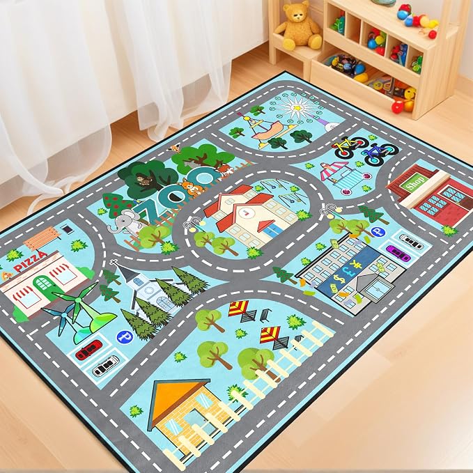 Car Rug Play Mat 5x7 Feet - Road Rug for Kids Boys Room, Fun Race Track Traffic Road Carpet for Boys Playmat Educational Learn, Car Carpet for Kids Room Decor Playmat Bedroom Playroom