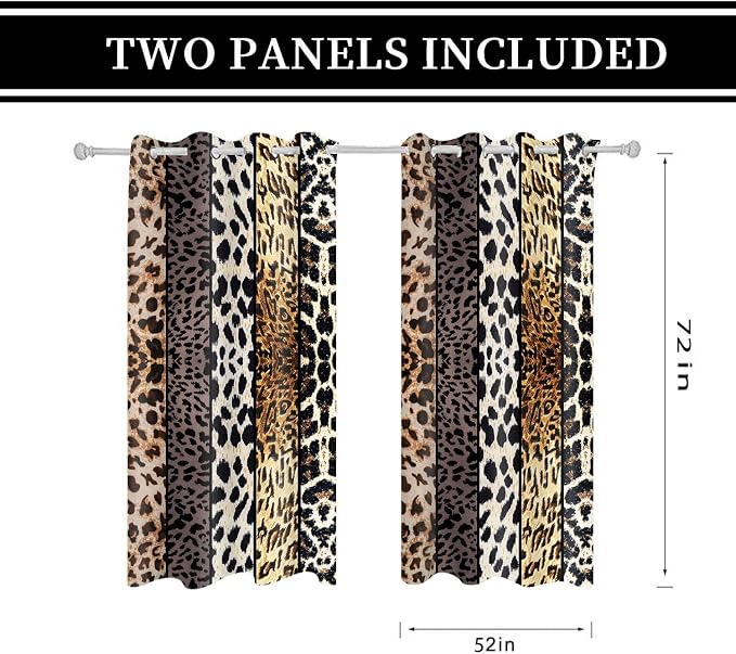 Wild Animal Print Curtain, Room Darkening Thermal Insulated Blackout Leopard Boa Window Drapes with Grommets for Living, Dining, Bedroom, Grey Leopard Print, 52"x 72", 2 Panels