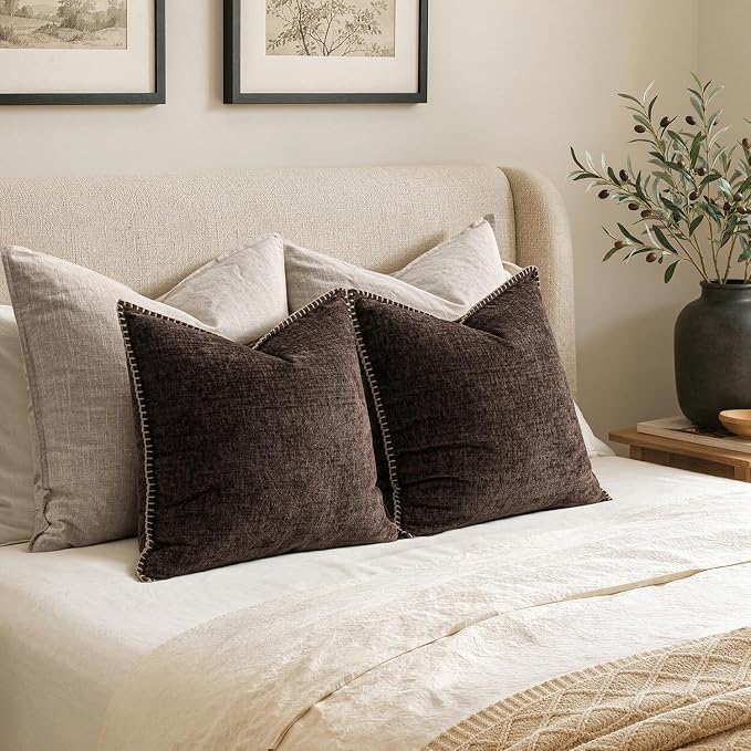 MIULEE Pack of 2 Couch Throw Pillow Covers 20x20 Inch Dark Brown Farmhouse Decorative Pillow Covers with Stitched Edge Taupe Soft Chenille Solid Dyed Pillow Covers for Sofa Bed Living Room