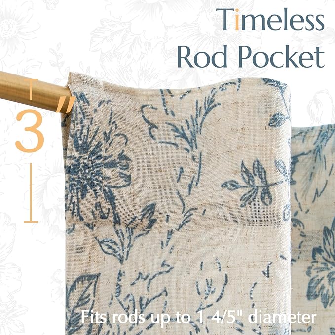 jinchan Linen Floral Tier Curtains 36 Inch Farmhouse Botanic Cafe Curtains Light Filtering Drapes for Small Windows Back Tab Half Window for Kitchen Living Room Bathroom 2 Panels Blue
