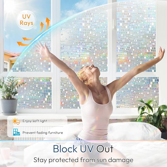 rabbitgoo Window Privacy Film Decorative Rainbow Cling, 35.4" x 157.4" | 3D Stained Glass Window Sticker, Anti-UV Sun Blocking Heat Control, Static Cling Glass Window Door Covering for Home Office