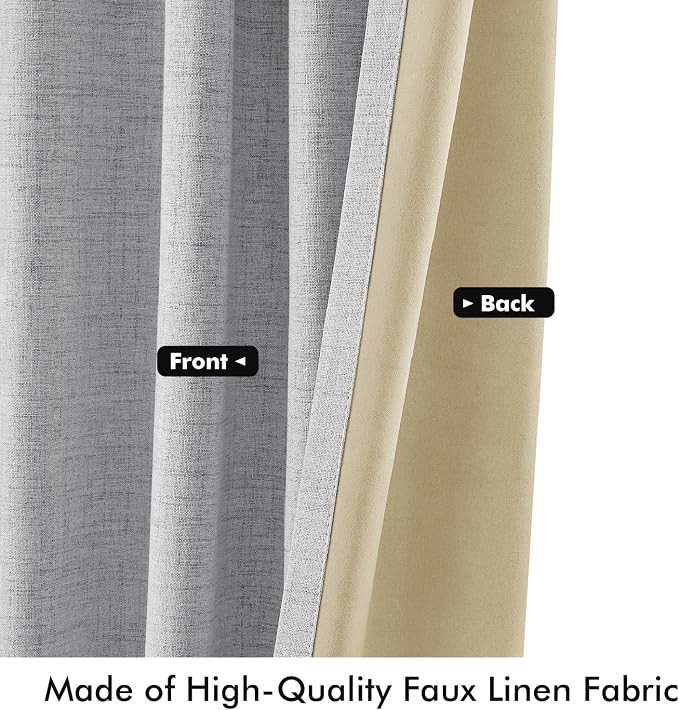 MIULEE 100% Blackout Linen Curtains for Bedroom, Grey Solid Luxury Decor Thermal Insulation Room Darkening Drapes for Living Room Back Tab Rod Pocket 42 x 63 Inches, 2 Panels