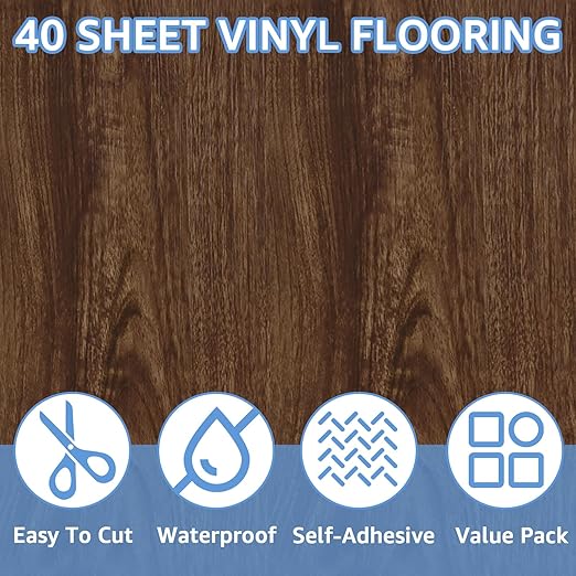 AKOLAFE 40 Sheet Vinyl Flooring 12 x 12 Peel and Stick Floor Tile Waterproof Dark Wood Vinyl Floor Tiles Clearance Self Adhesive Floor Tiles Sticky Laminate Flooring Stick on Bathroom Kitchen Basement