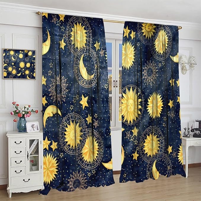 Boho Sun Moon Blackout Window Curtains, Bohemian Golden Sun Moon Stars Print Rod Pocket Window Drapes, for Living Room Bedroom 84x84in 2 Panels