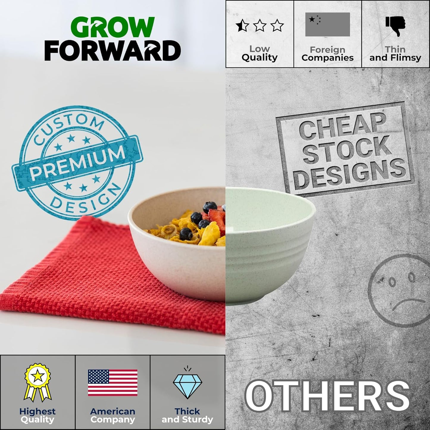 Grow Forward Premium Wheat Straw Bowls - 34oz Microwave Safe Plastic Cereal Bowls Set of 8 for Kitchen, Camping, RV, Dessert, Snack, Soup, Salad, Fruit - Reusable, Unbreakable & BPA Free - Sahara