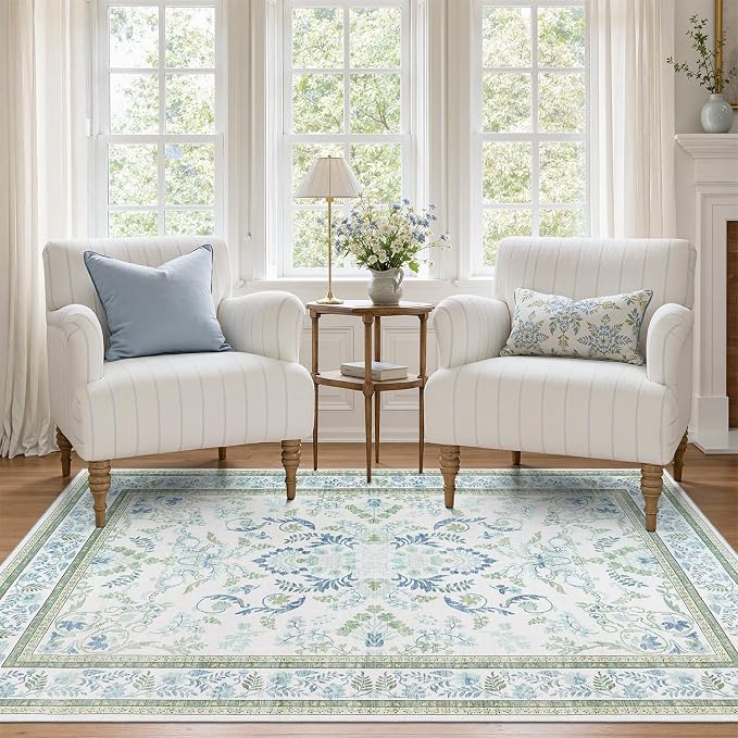 DCX Green 3x5 Rug, Kid & Pet Friendly with Rubber Back Non Slip, Machine Washable Stain Resistant Botanical Floral Rug for Bathroom, Kitchen, Soft Low Pile Small Carpet