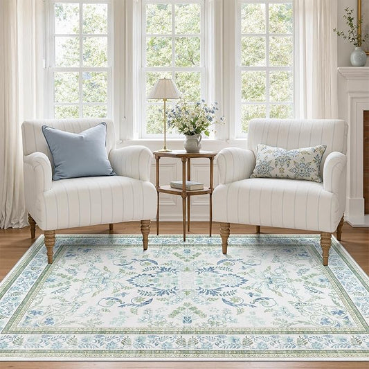 DCX Green 3x5 Rug, Kid & Pet Friendly with Rubber Back Non Slip, Machine Washable Stain Resistant Botanical Floral Rug for Bathroom, Kitchen, Soft Low Pile Small Carpet